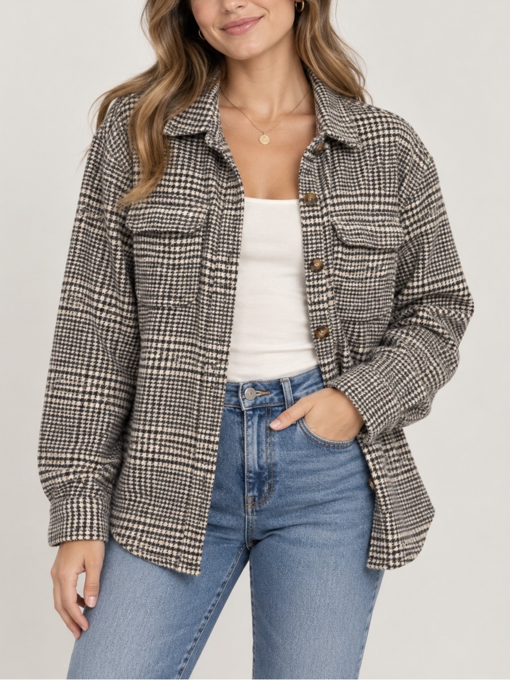 Hollister Black & Cream Houndstooth Shacket